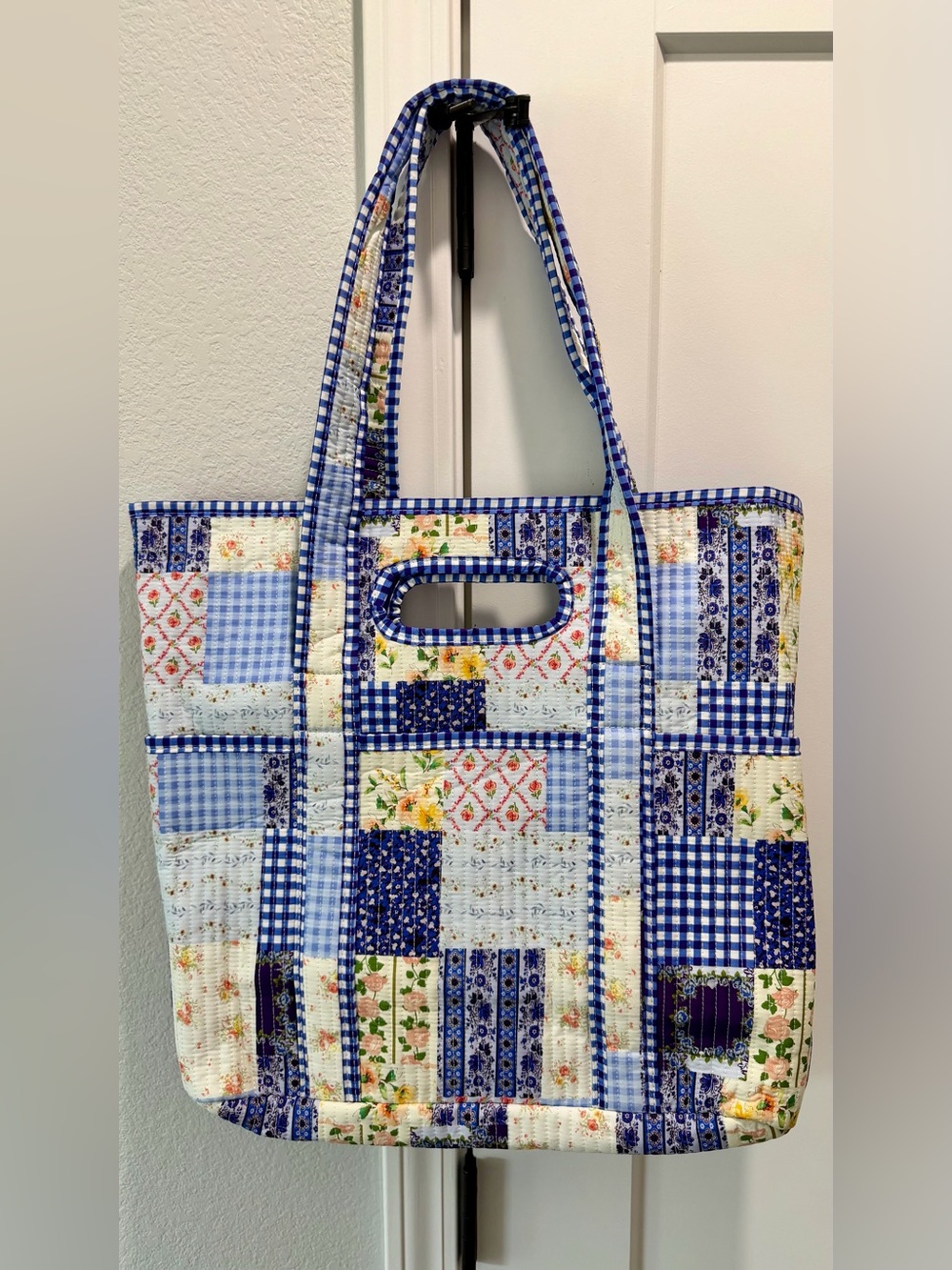 Avery Blue Yellow Patchwork Quilted Travel Shoulder Tote Lined Pockets Bag